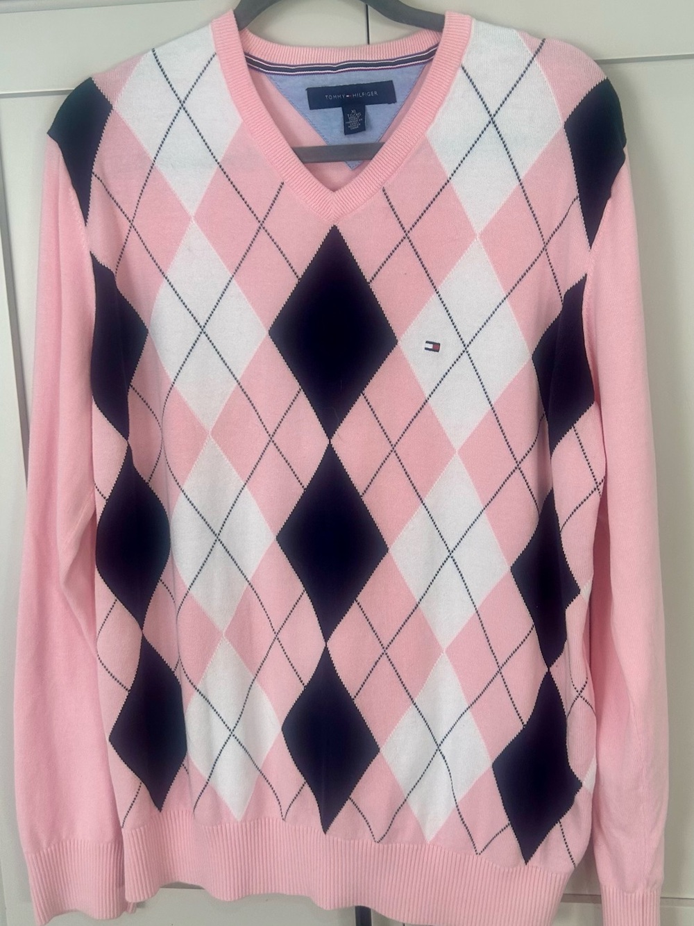 Tommy Hilfiger Pink Navy White Argyle V-Neck Sweater